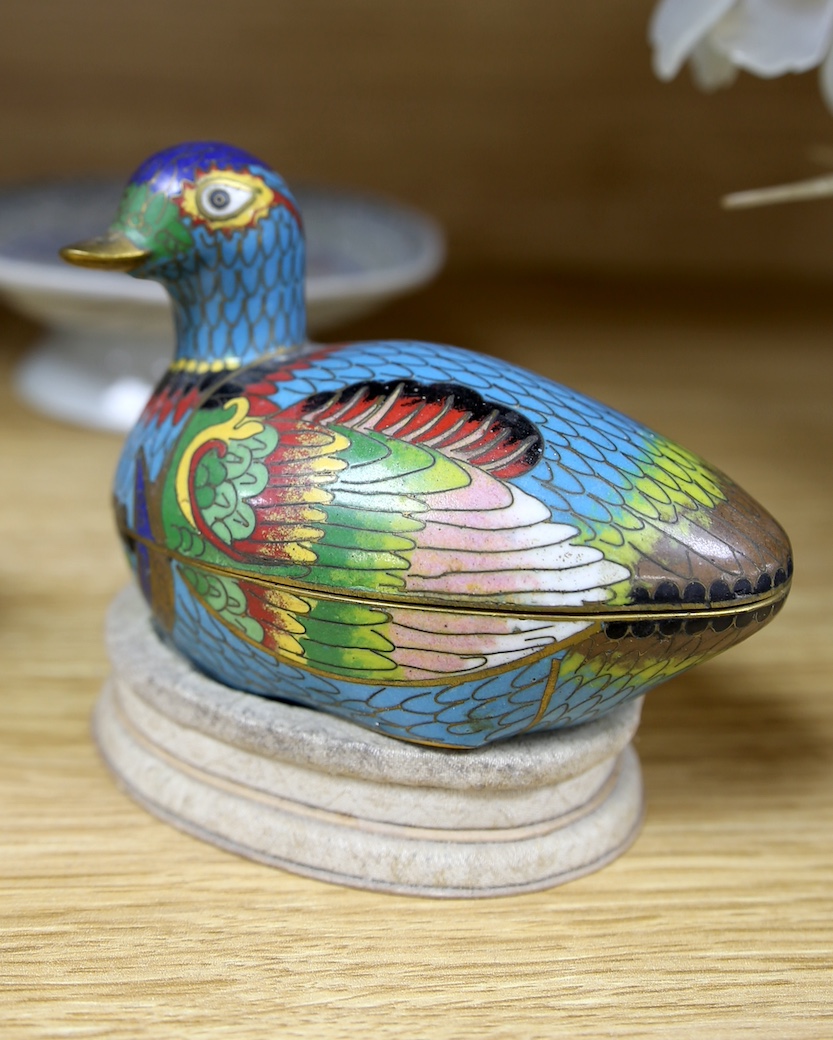 Five Chinese items including a pair of cloisonné enamel duck boxes and covers, a hardstone floral display and two dishes, largest 30cm. Condition - fair